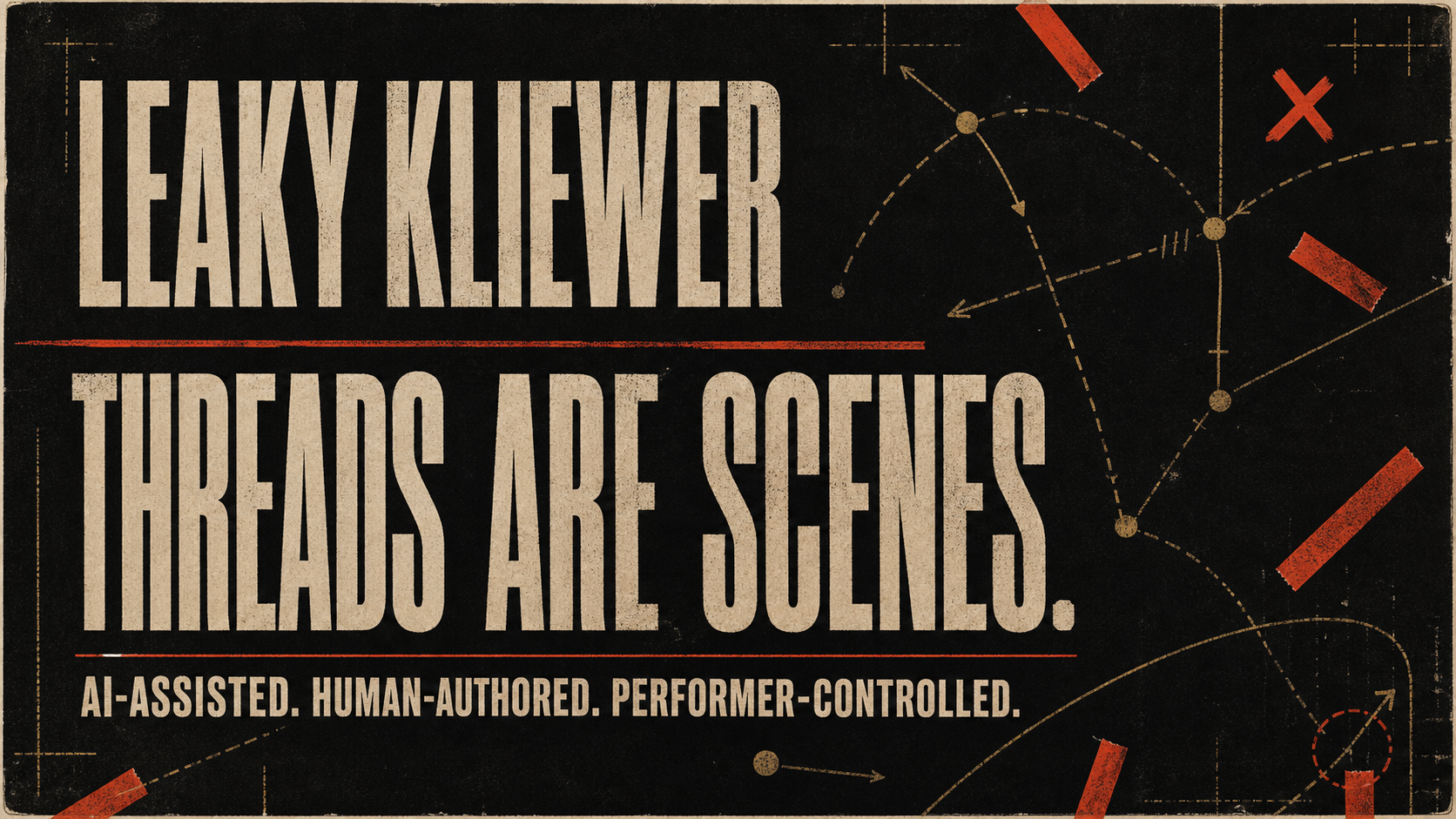 Leaky Kliewer screenprint poster with the words Threads are scenes over an abstract blocking map